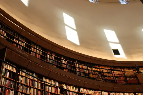 Tiered library shelves curving under a pale dome